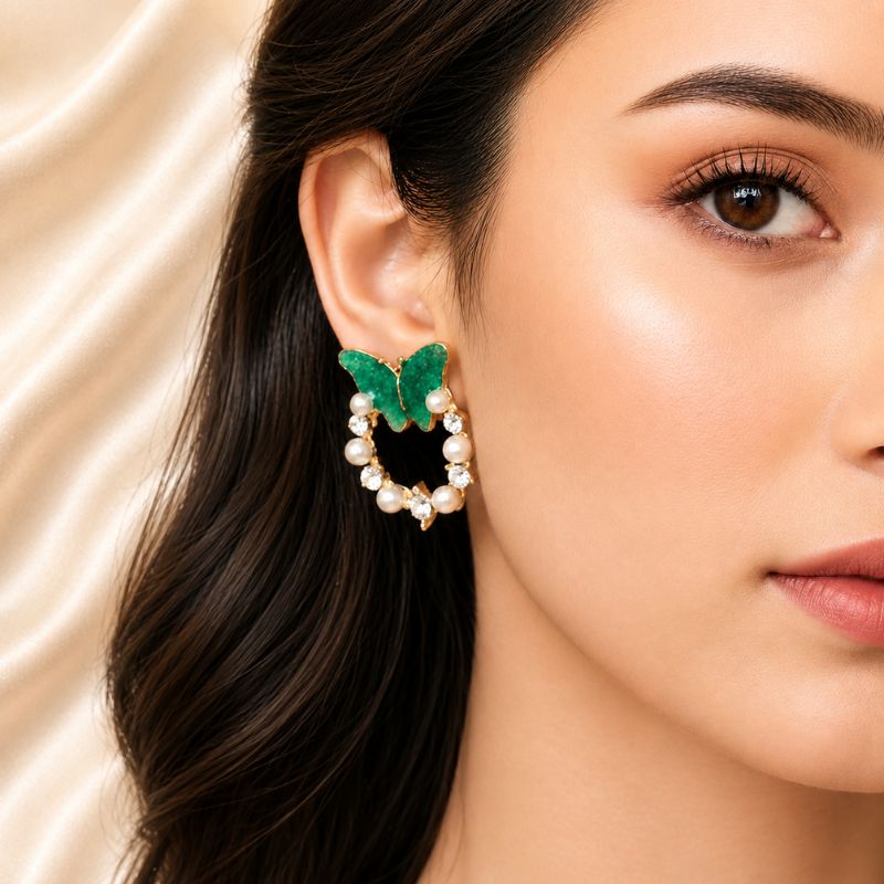 Untitled design (3) Pearl Kissed green Butterfly Hoops - Image 1