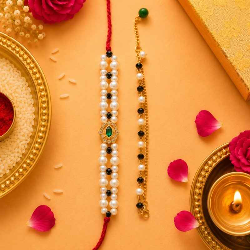 10 Emerald Pearl Royale Rakhi & Lumba Set - Image 1