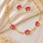 Pink Lotus Charm Necklace & Stud Earrings Set
