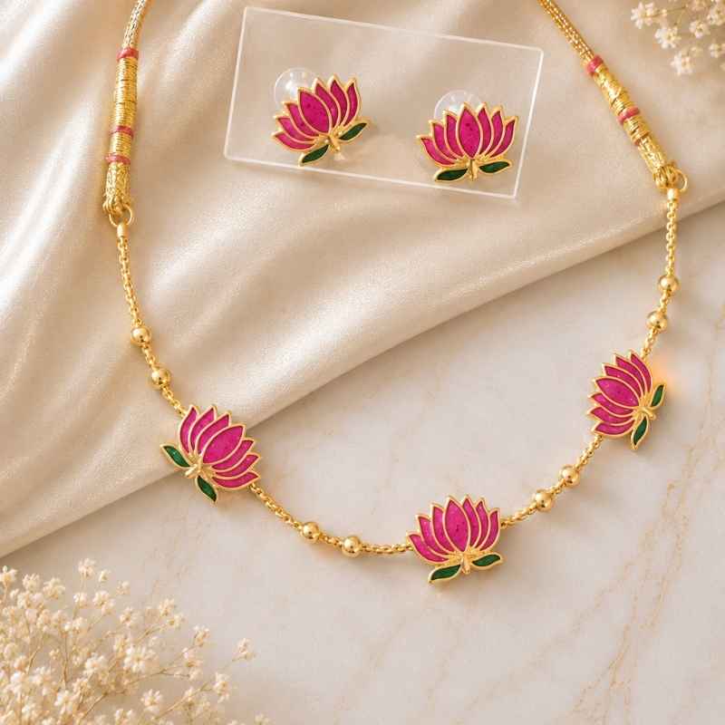 16 Pink Lotus Charm Necklace & Stud Earrings Set - Image 1