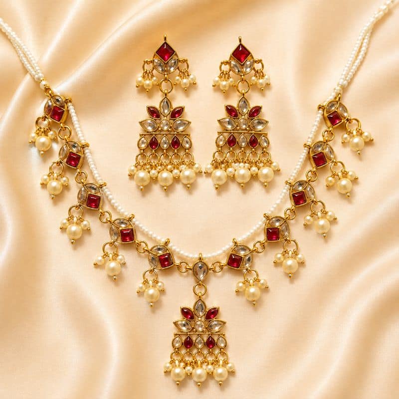 13 Ruby Kundan Pearl Rani Haar Set - Image 1